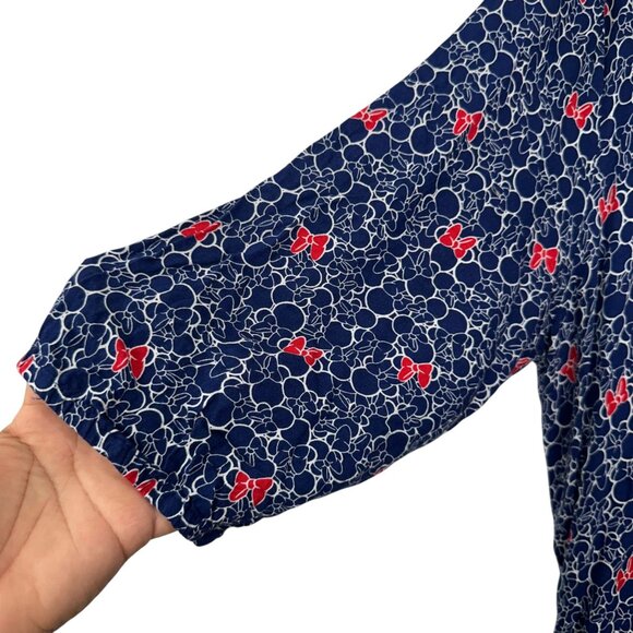 Disney Minnie Mouse Women SZ 1X  Navy Bow Print Shirt Dress 3/4 Sleeve V-Neck - Picture 3 of 15